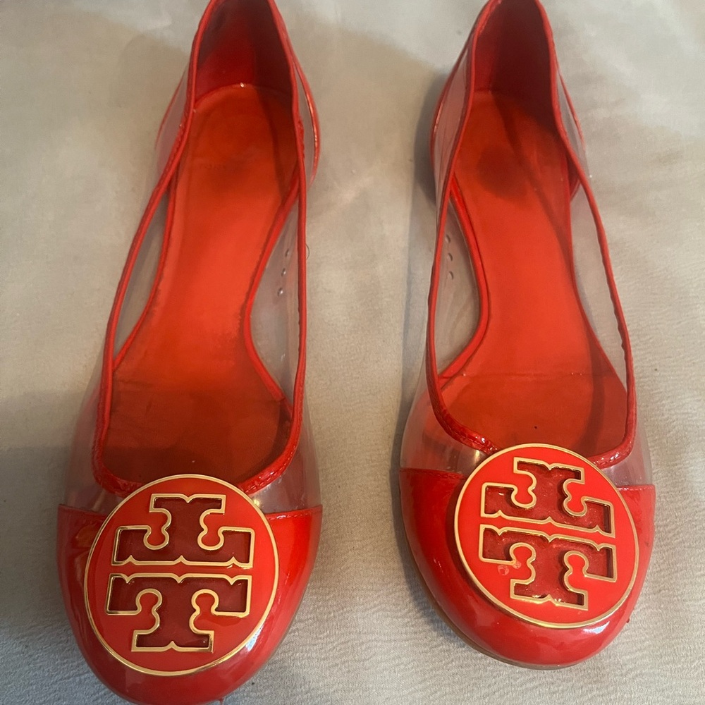 Tory Burch Red clear plastic pattern leather ballet slipper six 9. Gently worn